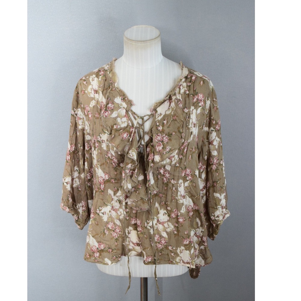 Denim & Supply Ralph Lauren Peasant Blouse L Brown Floral Lace Up Cottage Boho